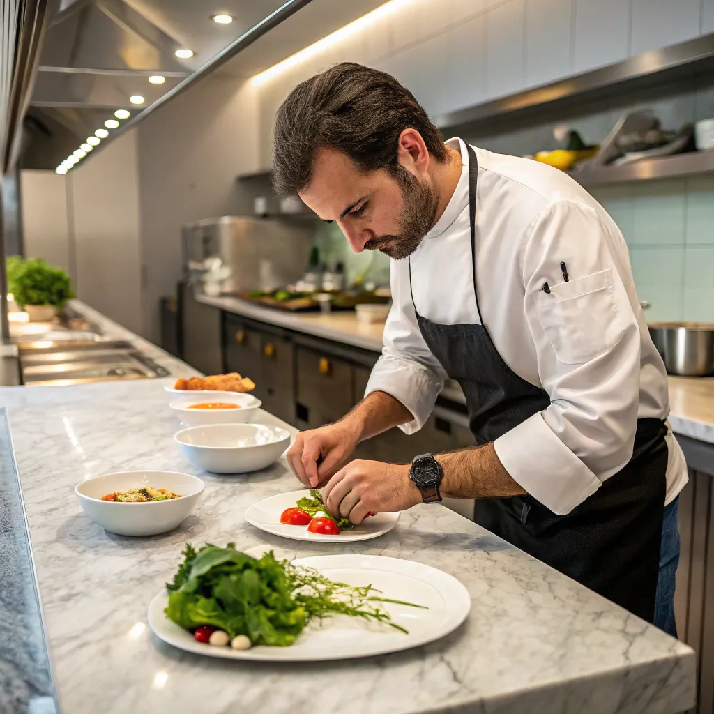 Chef preparing dish in The Gourmet Spot's kitchen